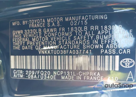 2015 Toyota Yaris L from USA, damaged, VIN VNKKTUD38FA037741